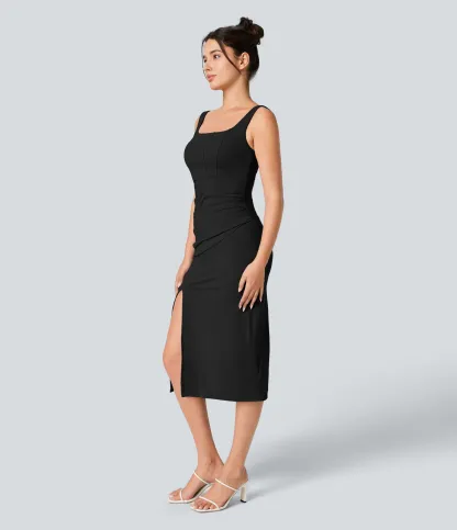 V-neck Short-sleeve Pocket Lace-up Back Quick-drying Mid-length Casual Dress-extended