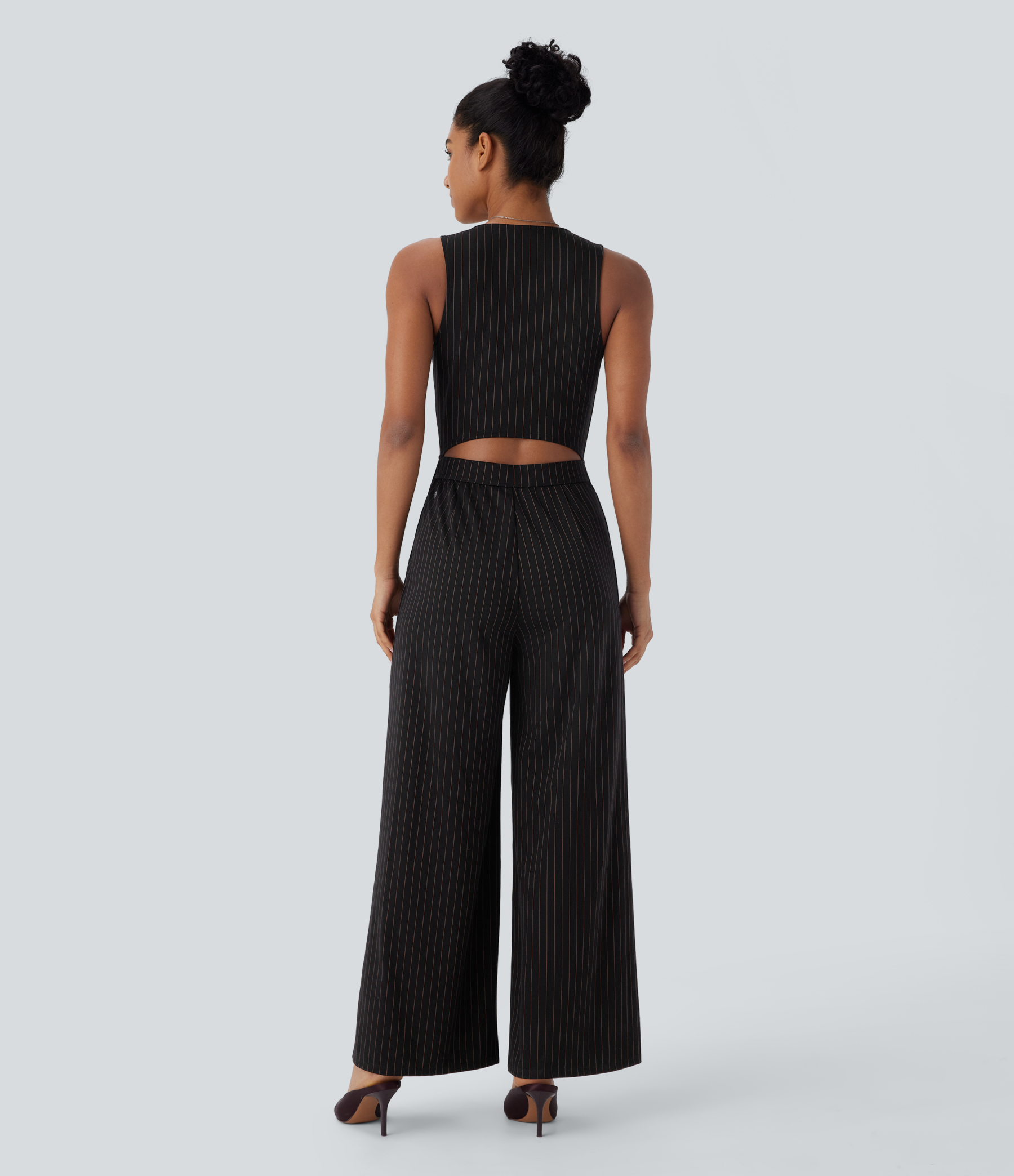 V Neck Sleeveless Cut Out Pockets Wide Leg Stripe Cool Touch Work Jumpsuit