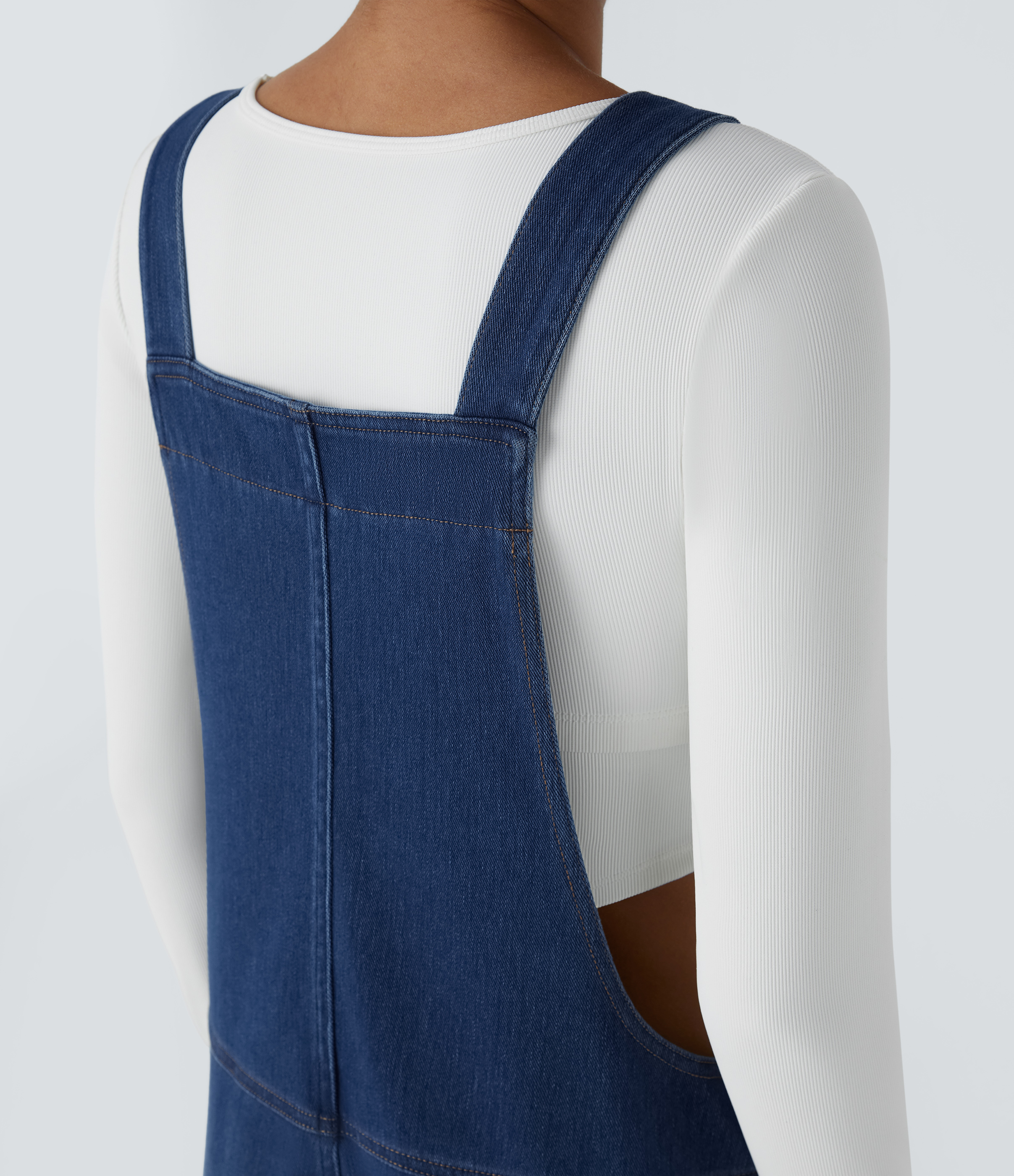V Neck Pocket Washed Denim Casual Overalls