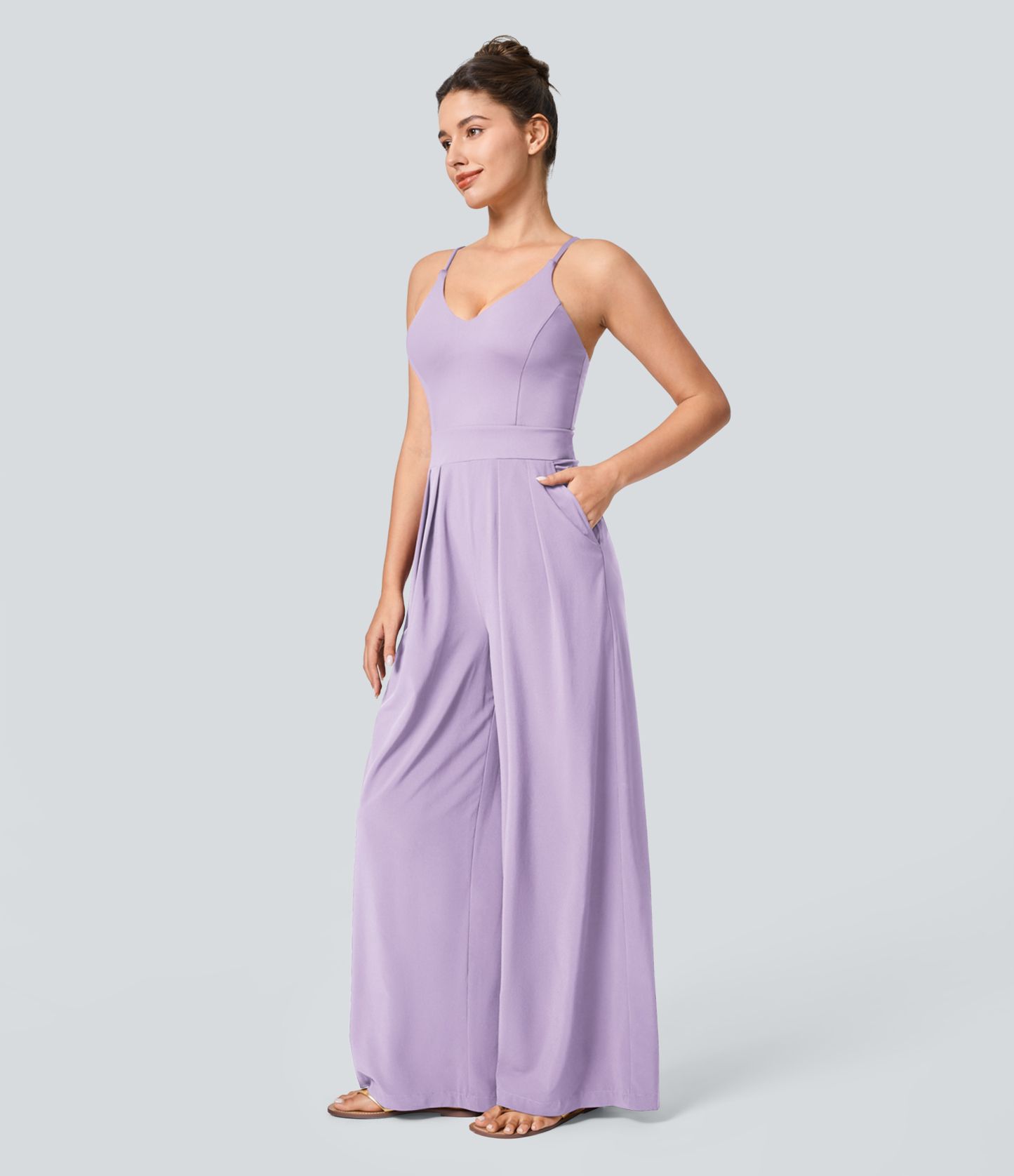 Backless Side Invisible Zipper Pocket Wide Leg Quick Dry Resort Slip Jumpsuit