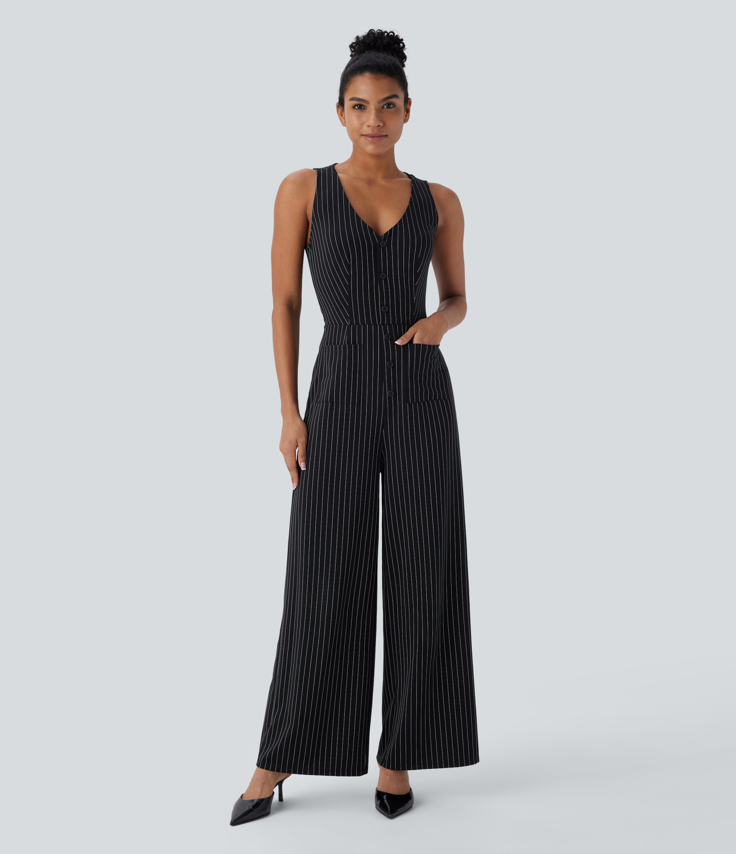 V Neck Sleeveless Cut Out Pockets Wide Leg Stripe Cool Touch Work Jumpsuit