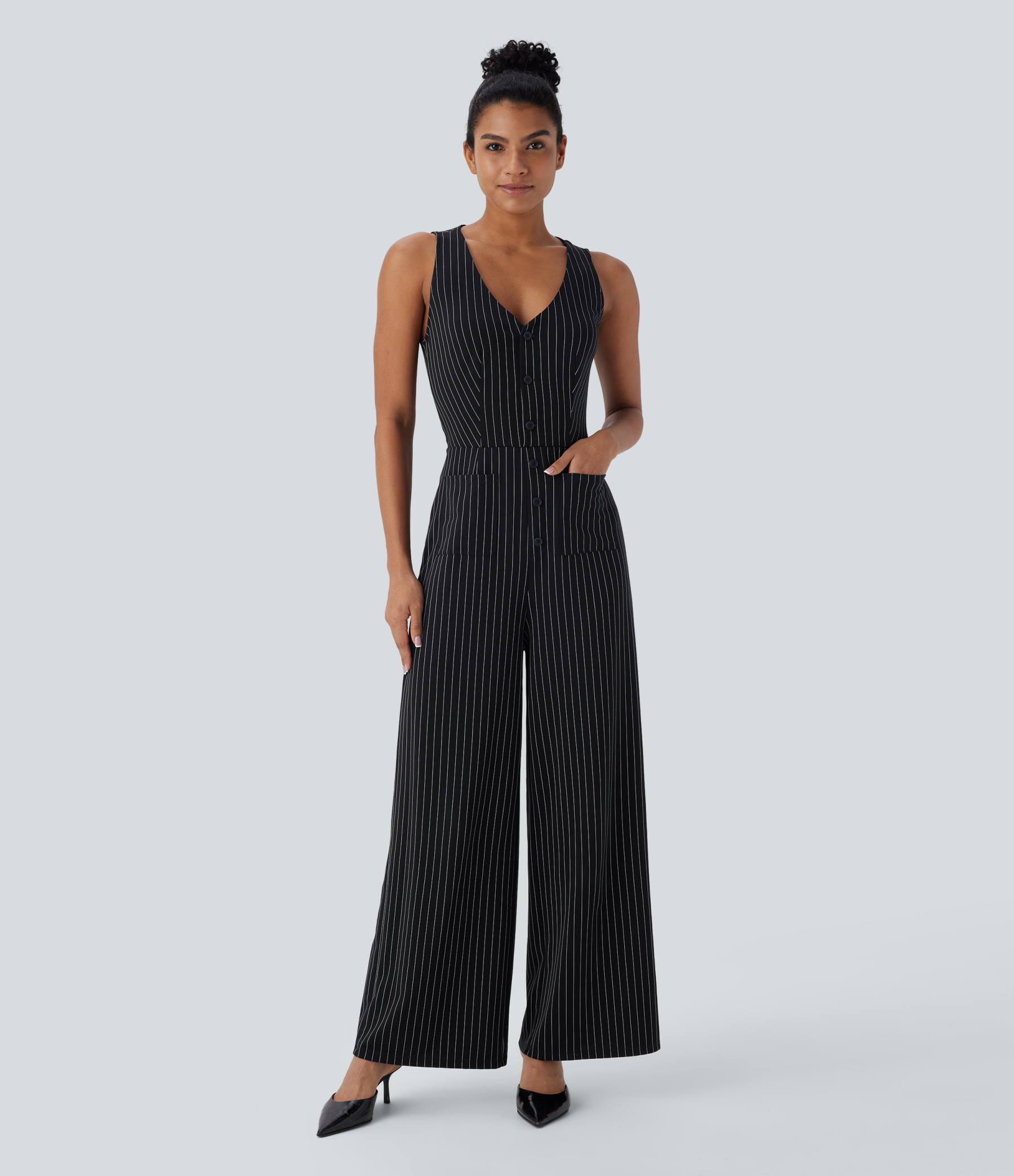 V Neck Sleeveless Cut Out Pockets Wide Leg Stripe Cool Touch Work Jumpsuit