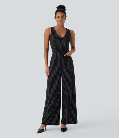 V Neck Sleeveless Cut Out Pockets Wide Leg Stripe Cool Touch Work Jumpsuit