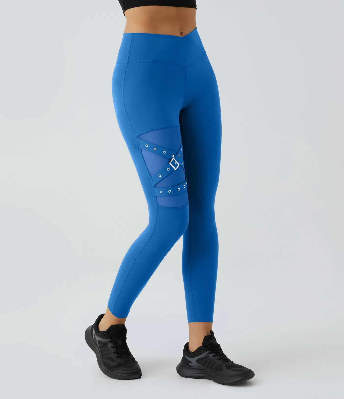 DayStretch High Waisted Crossover Contrast Mesh Decorative Buckle Yoga Leggings