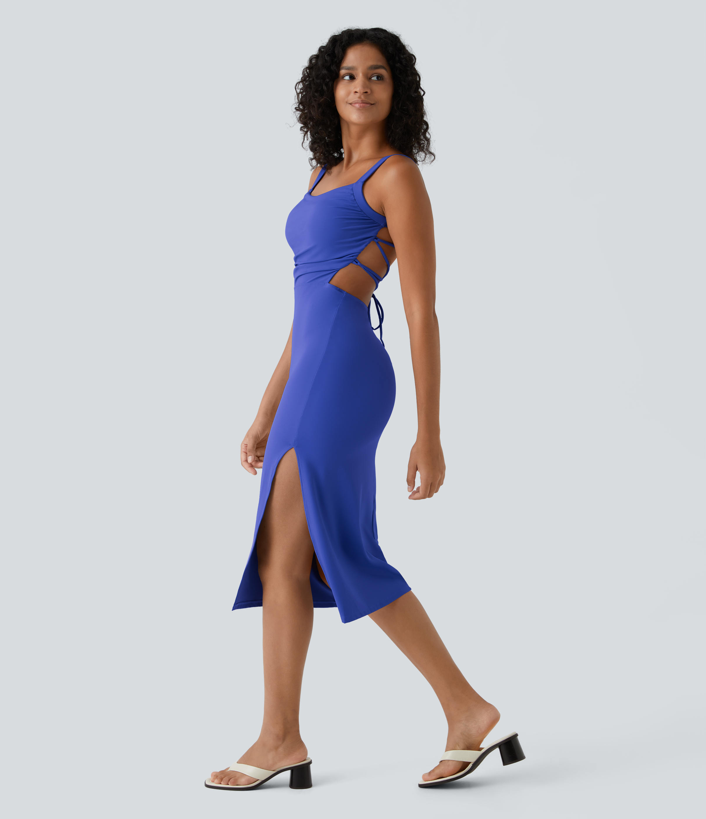 Ruched Lace Up Bodycon Midi Casual Dress