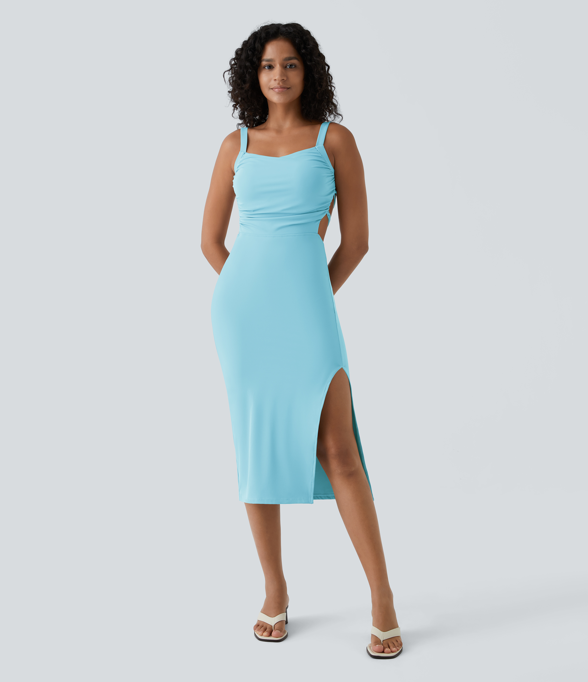 Ruched Lace Up Bodycon Midi Casual Dress