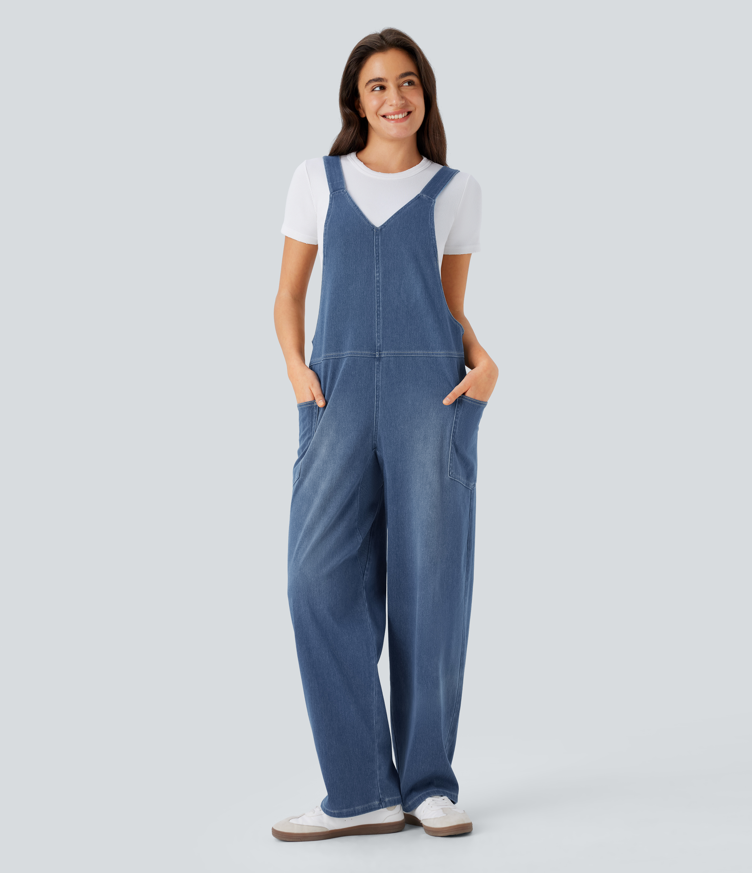 V Neck Pocket Washed Denim Casual Overalls