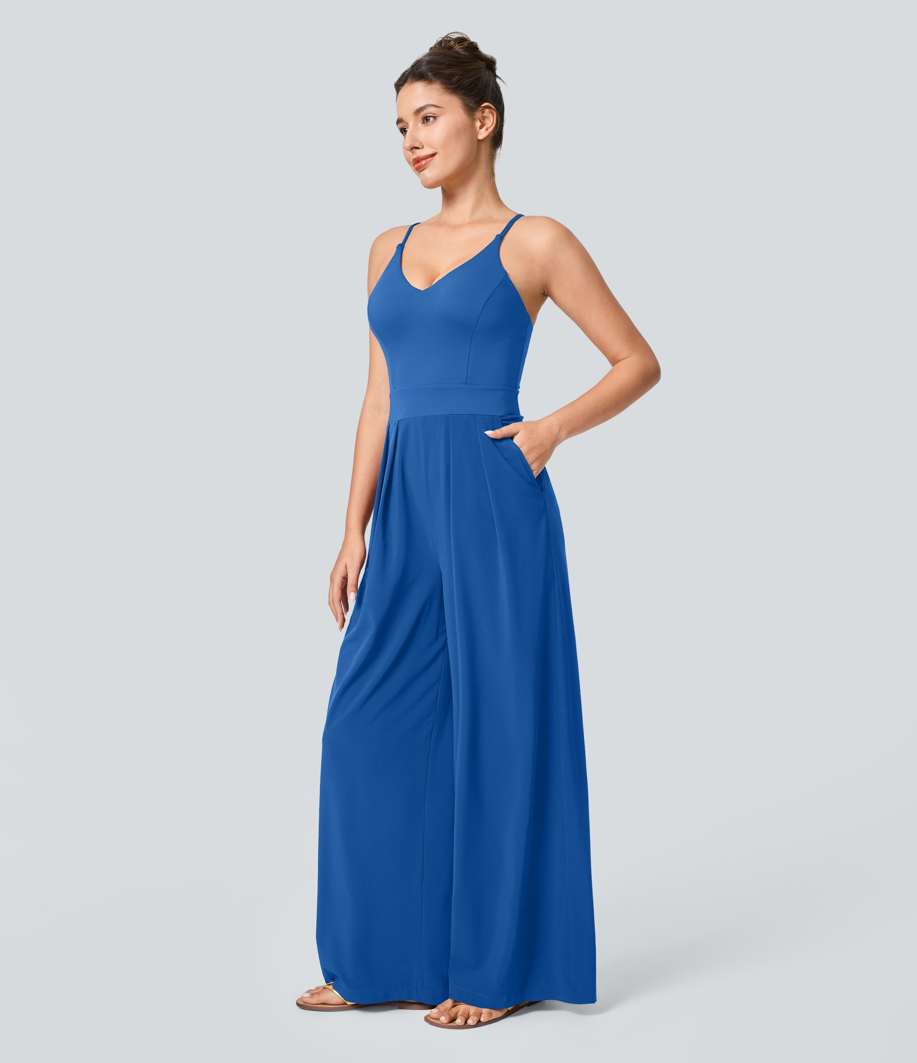 Backless Side Invisible Zipper Pocket Wide Leg Quick Dry Resort Slip Jumpsuit