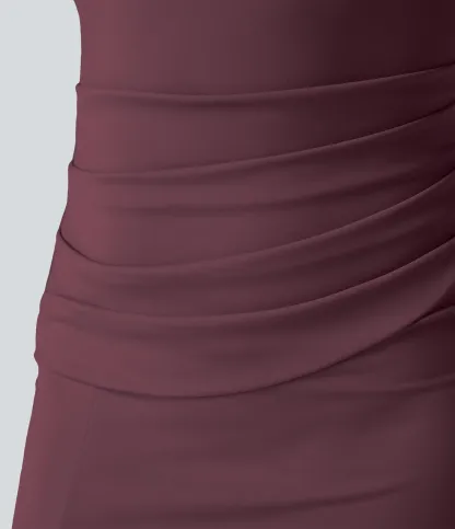 V-neck Short-sleeve Pocket Lace-up Back Quick-drying Mid-length Casual Dress-extended