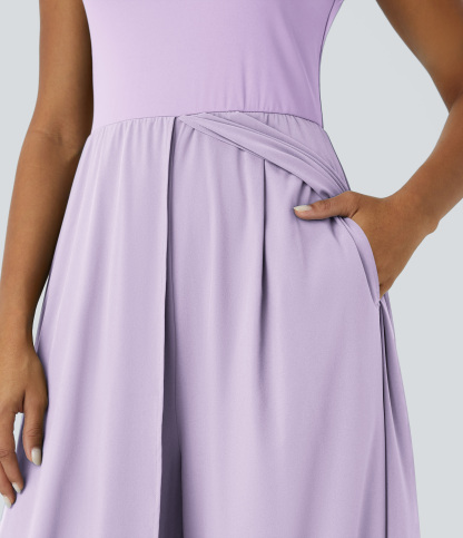 Zipper Sleeveless Pocket Contrast Quick Dry Jumpsuit