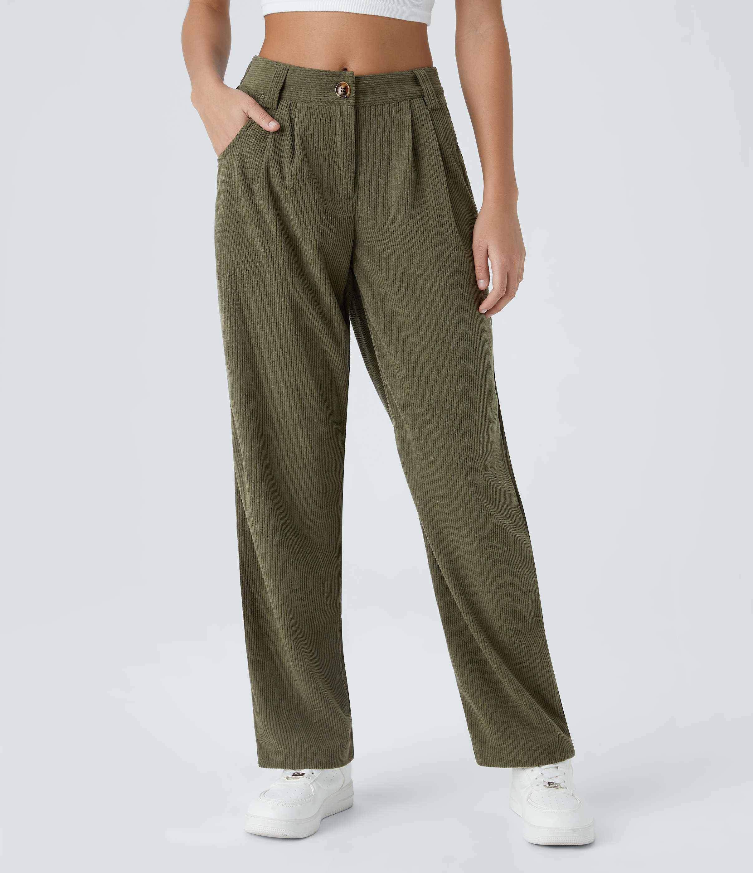 Mid Rise Zipper Pocket Corduroy Casual Pants