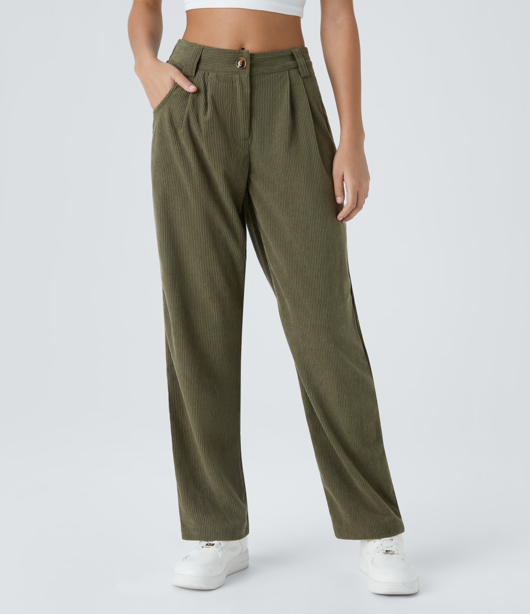 Mid Rise Zipper Pocket Corduroy Casual Pants