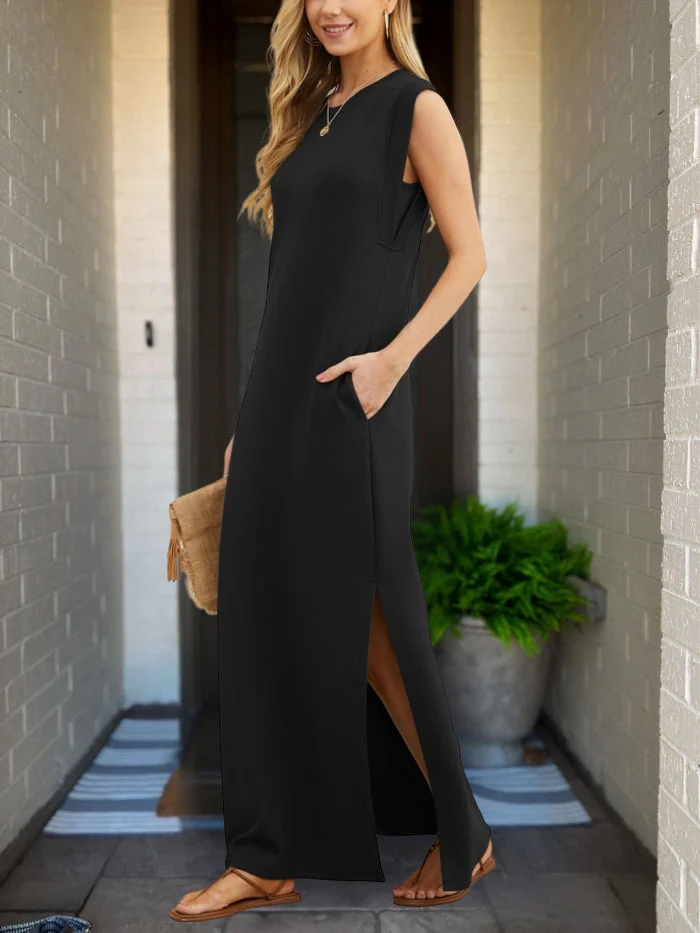 Casual, Loose-Fit, Split-Hem, Wrinkle-Free Dress