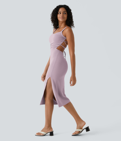 Ruched Lace Up Bodycon Midi Casual Dress