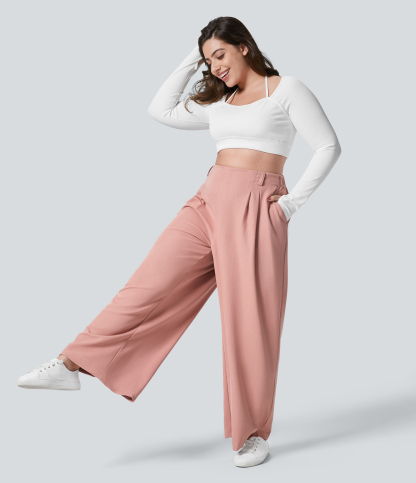 High Waisted Pocket Wide Leg Waffle Work Plus Size Pants