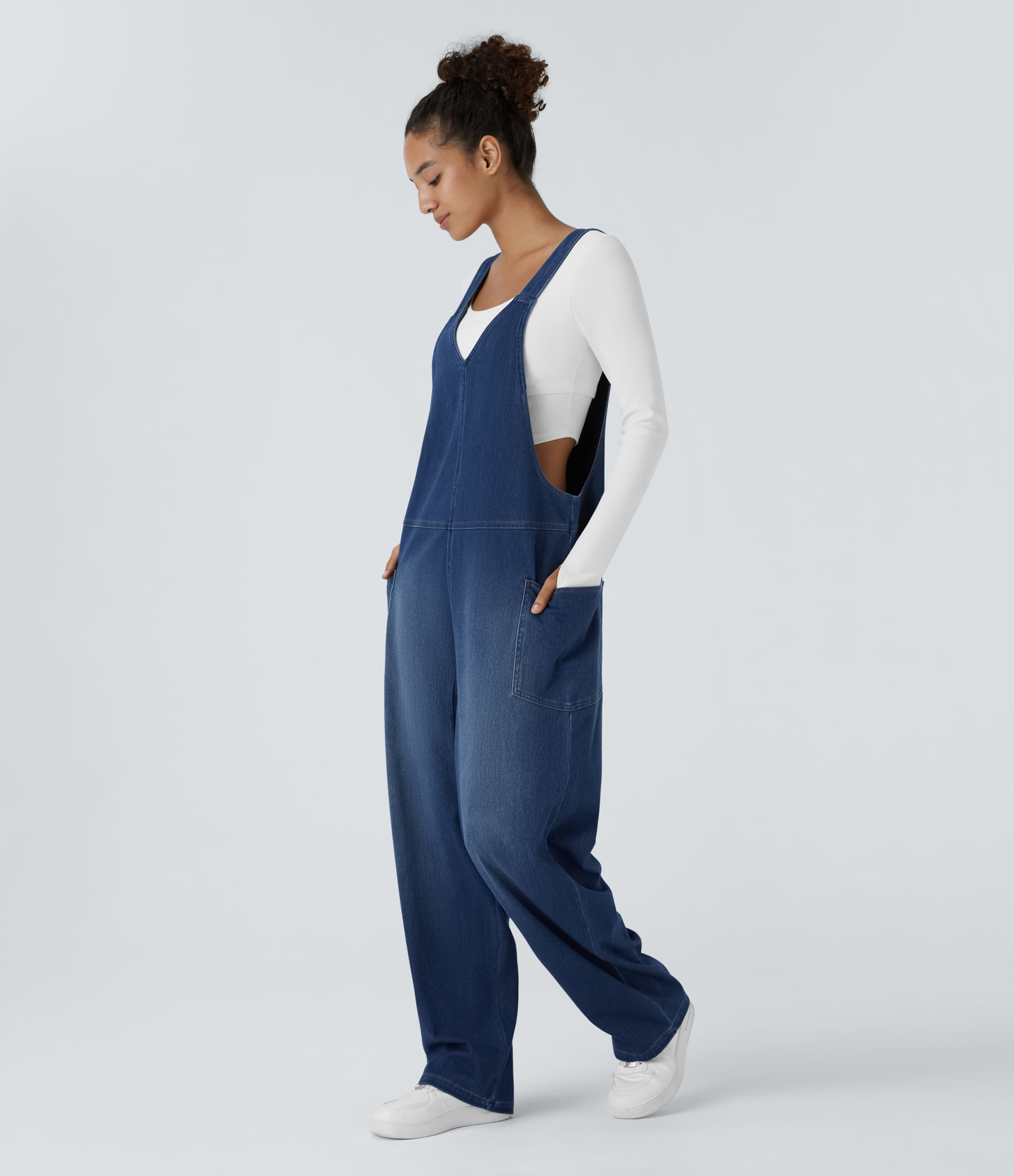 V Neck Pocket Washed Denim Casual Overalls