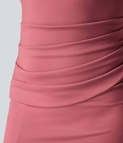 V-neck Short-sleeve Pocket Lace-up Back Quick-drying Mid-length Casual Dress-extended