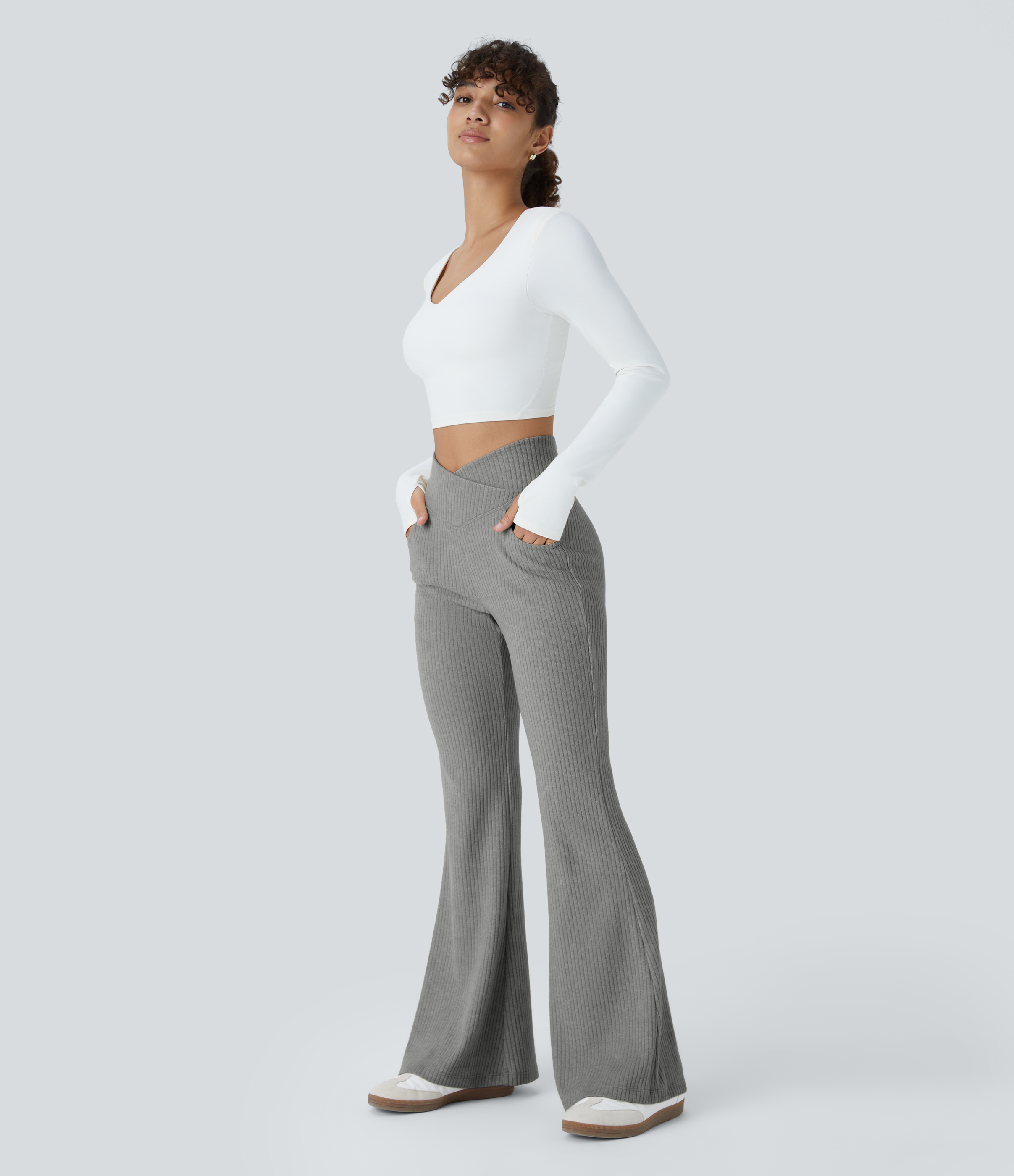 Ribbed Knit Crossover High Waisted Pocket Casual Flare Pants