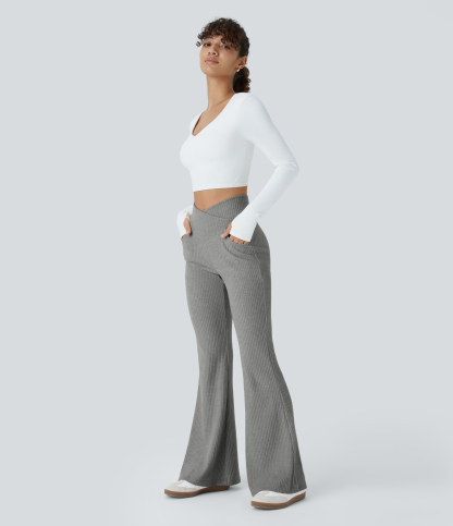 Ribbed Knit Crossover High Waisted Pocket Casual Flare Pants