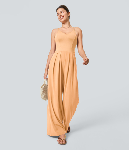 Backless Side Invisible Zipper Pocket Wide Leg Quick Dry Resort Slip Jumpsuit