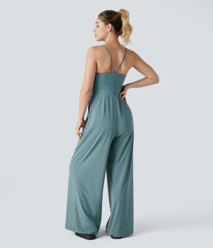 Backless Side Invisible Zipper Pocket Wide Leg Quick Dry Resort Slip Jumpsuit