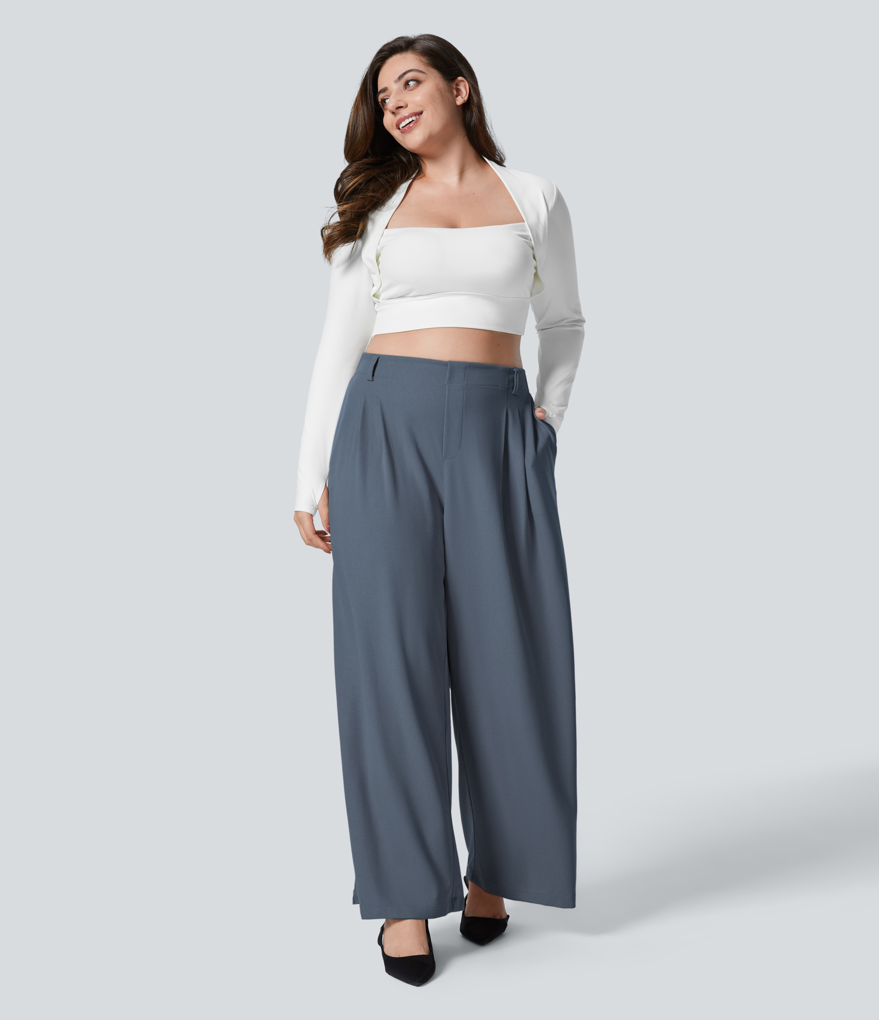 High Waisted Pocket Wide Leg Waffle Work Plus Size Pants
