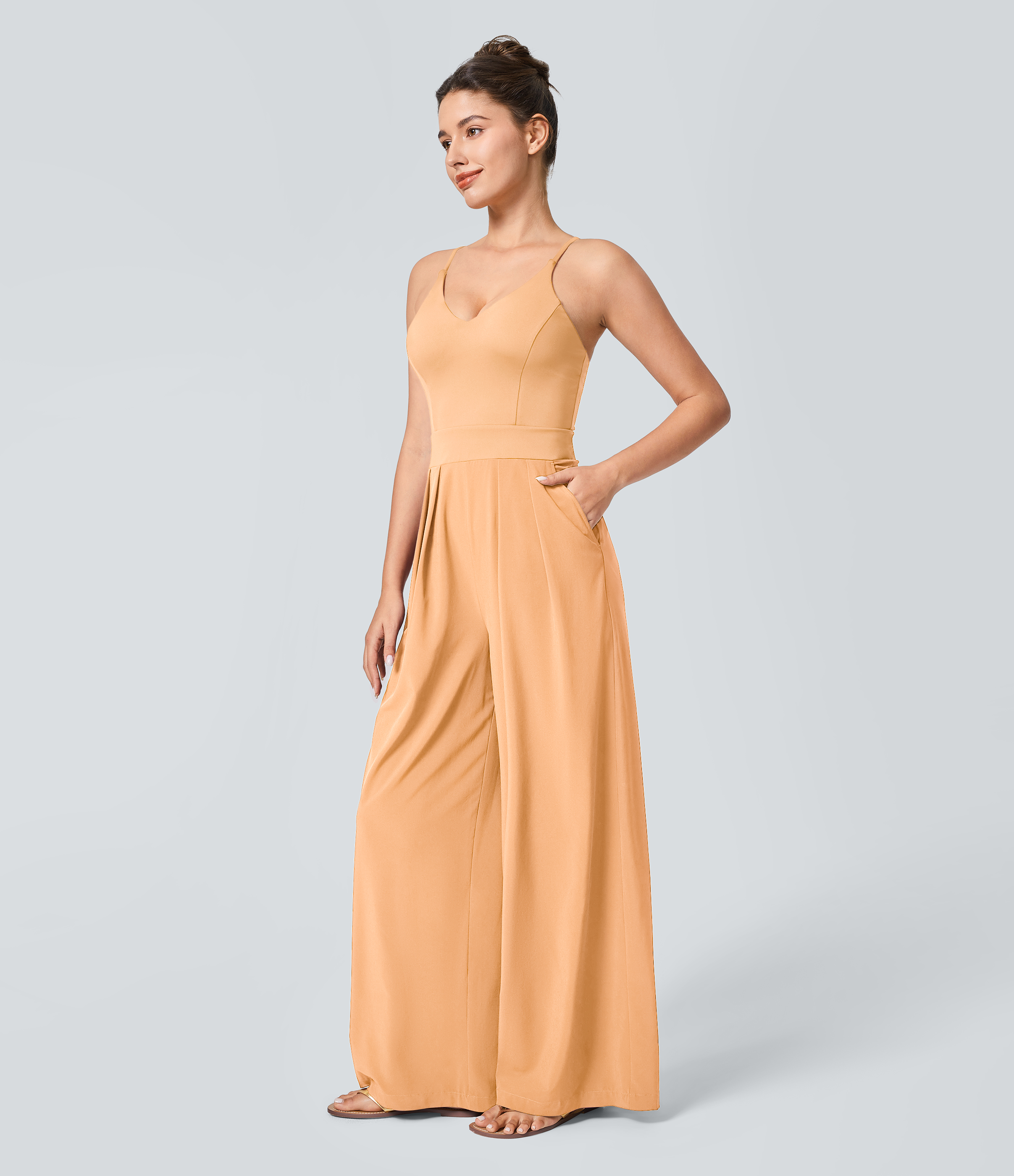 Backless Side Invisible Zipper Pocket Wide Leg Quick Dry Resort Slip Jumpsuit