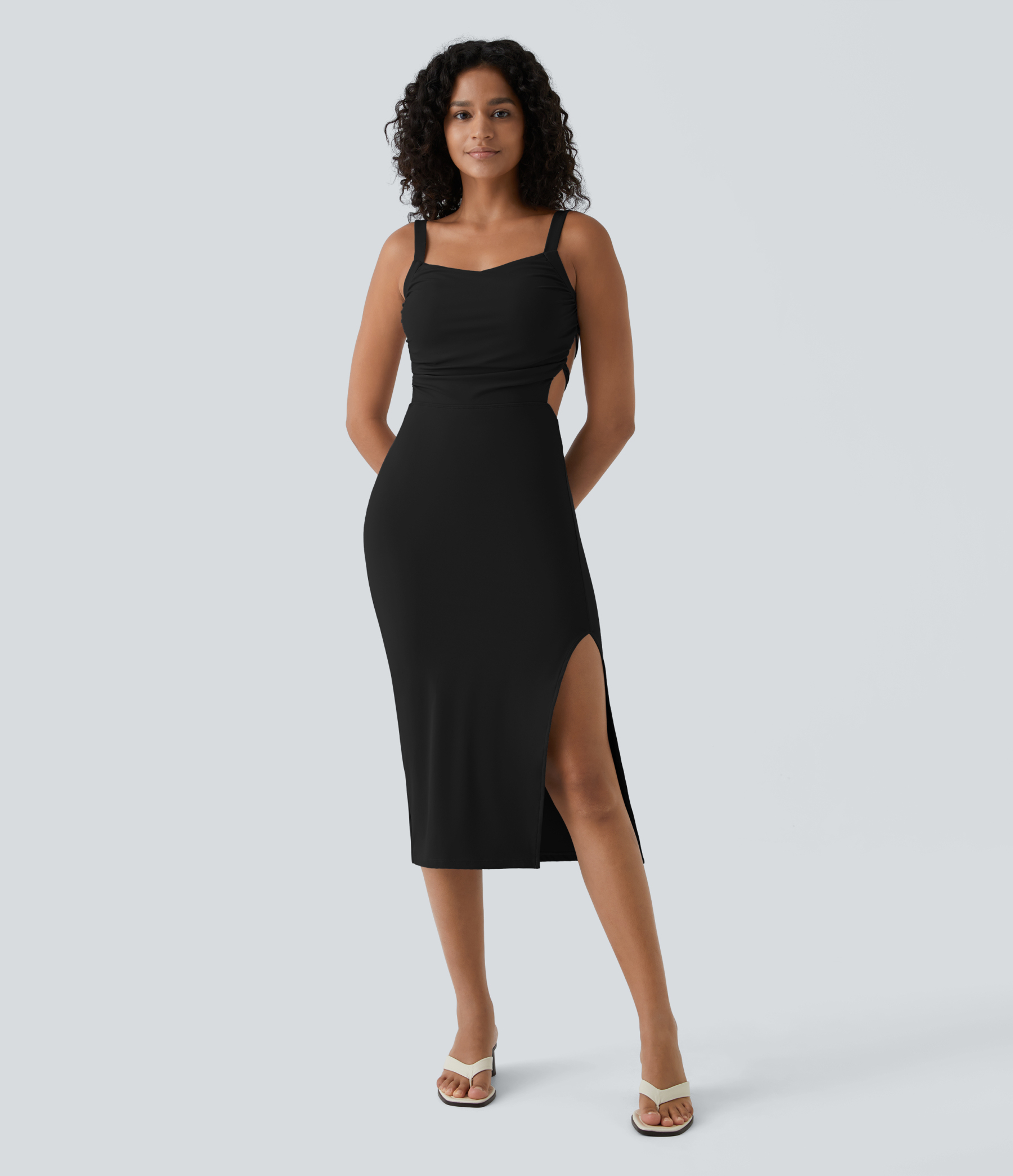 Ruched Lace Up Bodycon Midi Casual Dress