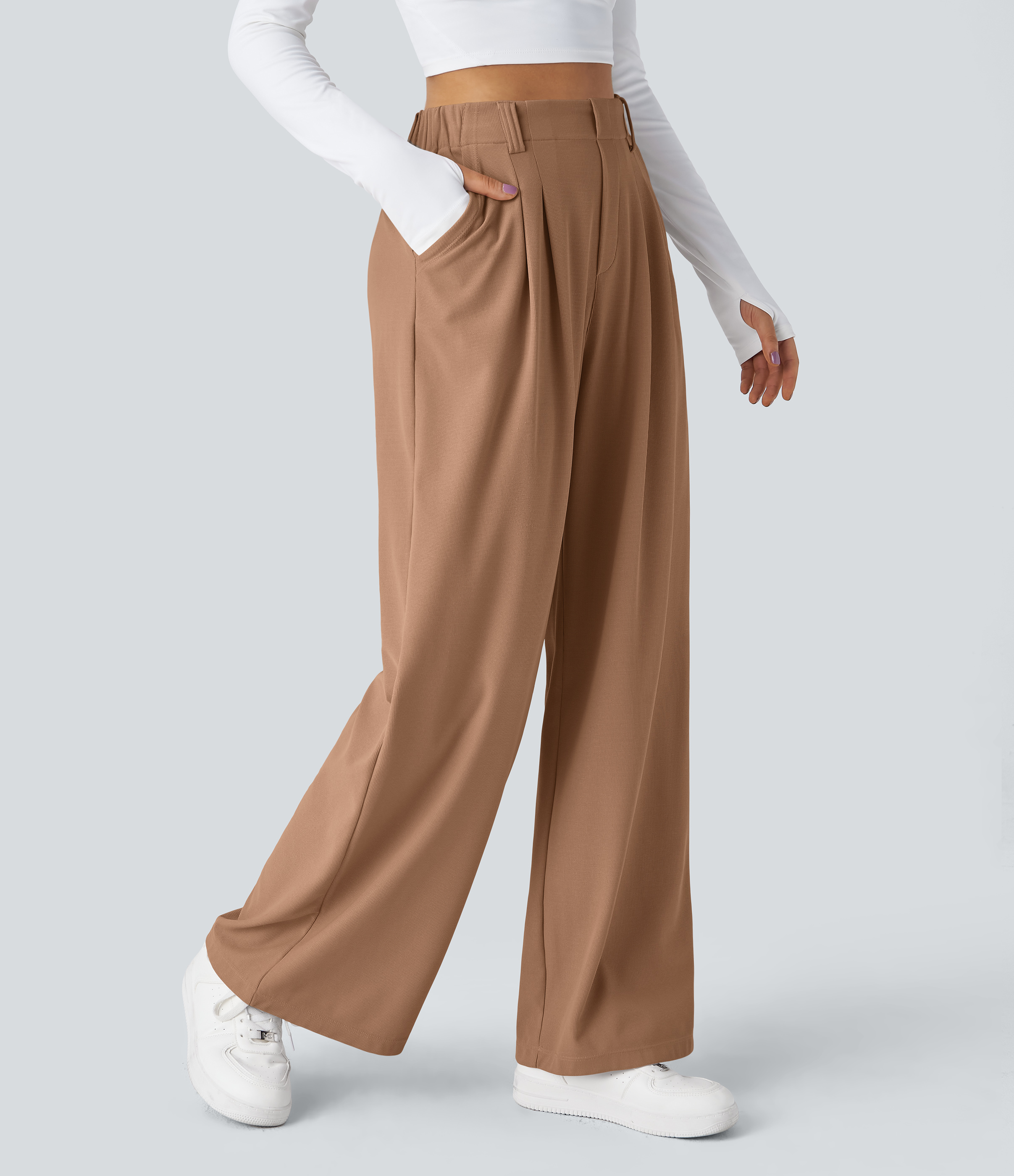 High Waisted Pocket Wide Leg Waffle Work Pants