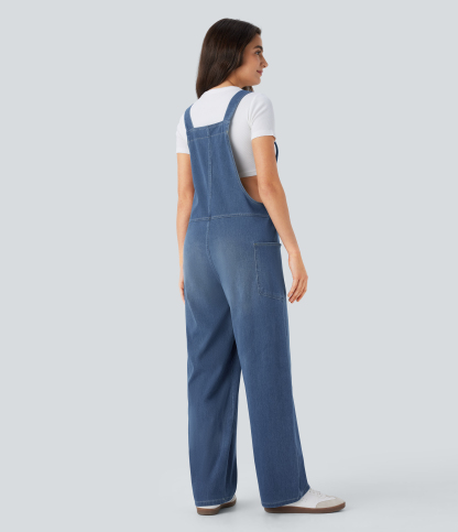 V Neck Pocket Washed Denim Casual Overalls