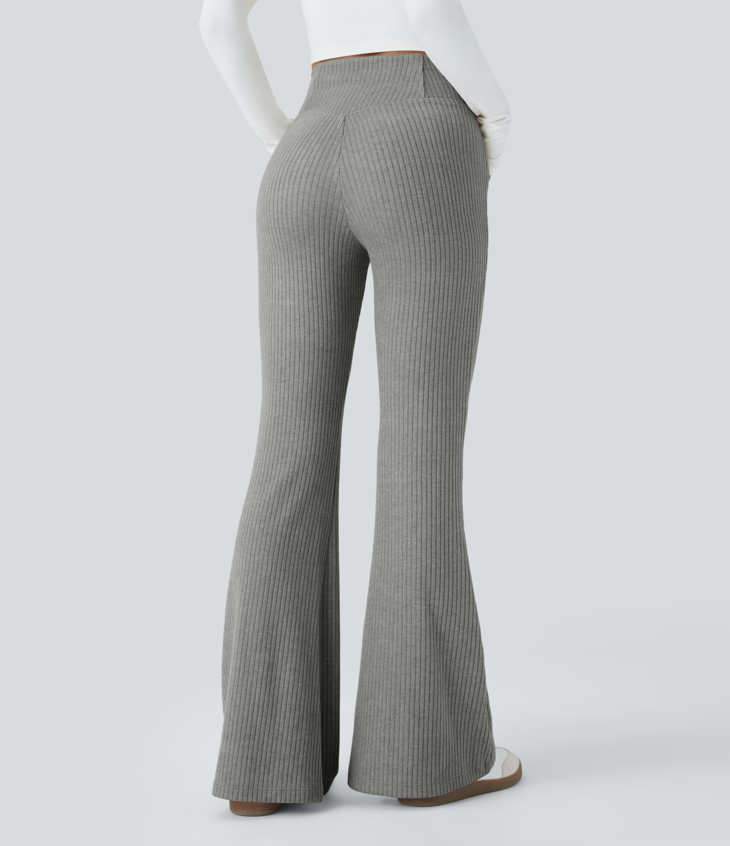 Ribbed Knit Crossover High Waisted Pocket Casual Flare Pants