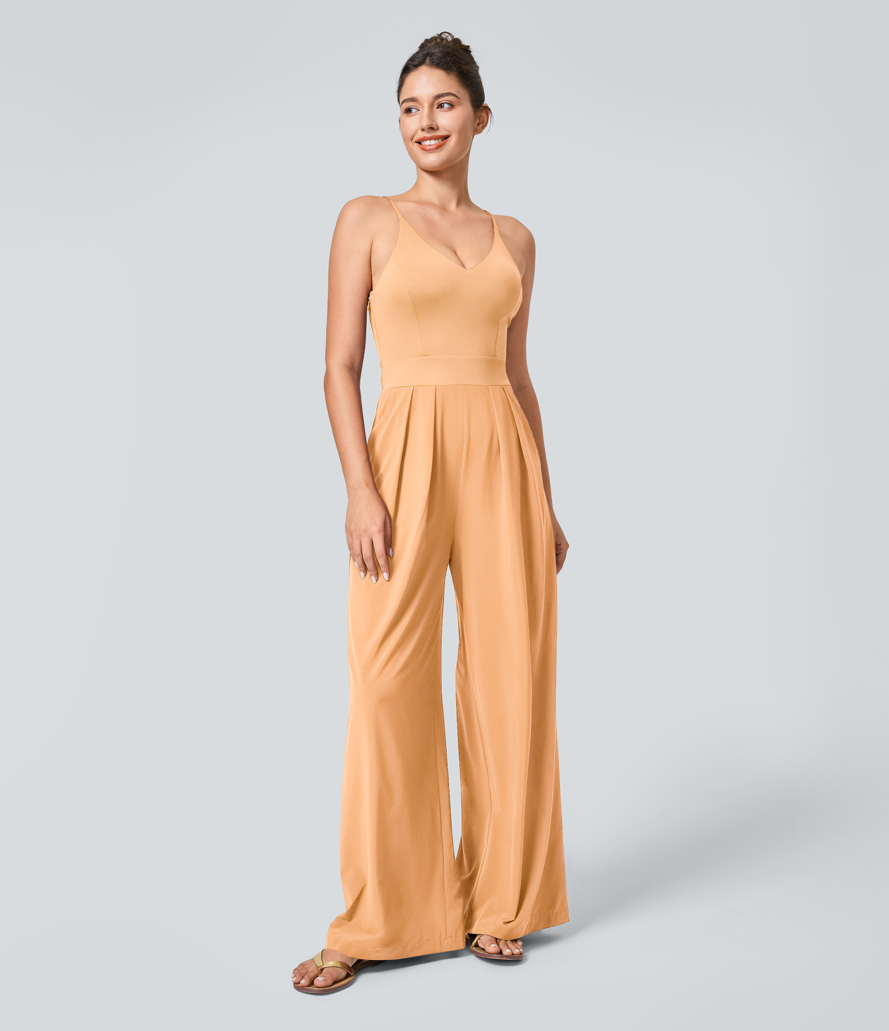 Backless Side Invisible Zipper Pocket Wide Leg Quick Dry Resort Slip Jumpsuit