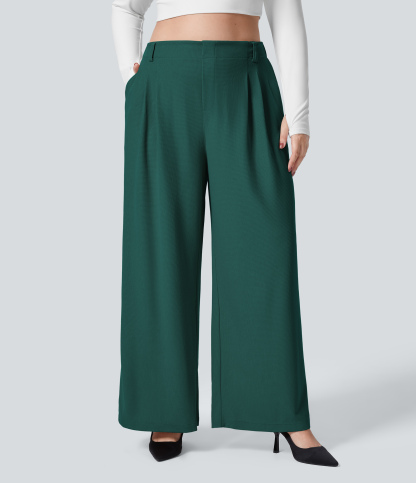 High Waisted Pocket Wide Leg Waffle Work Plus Size Pants