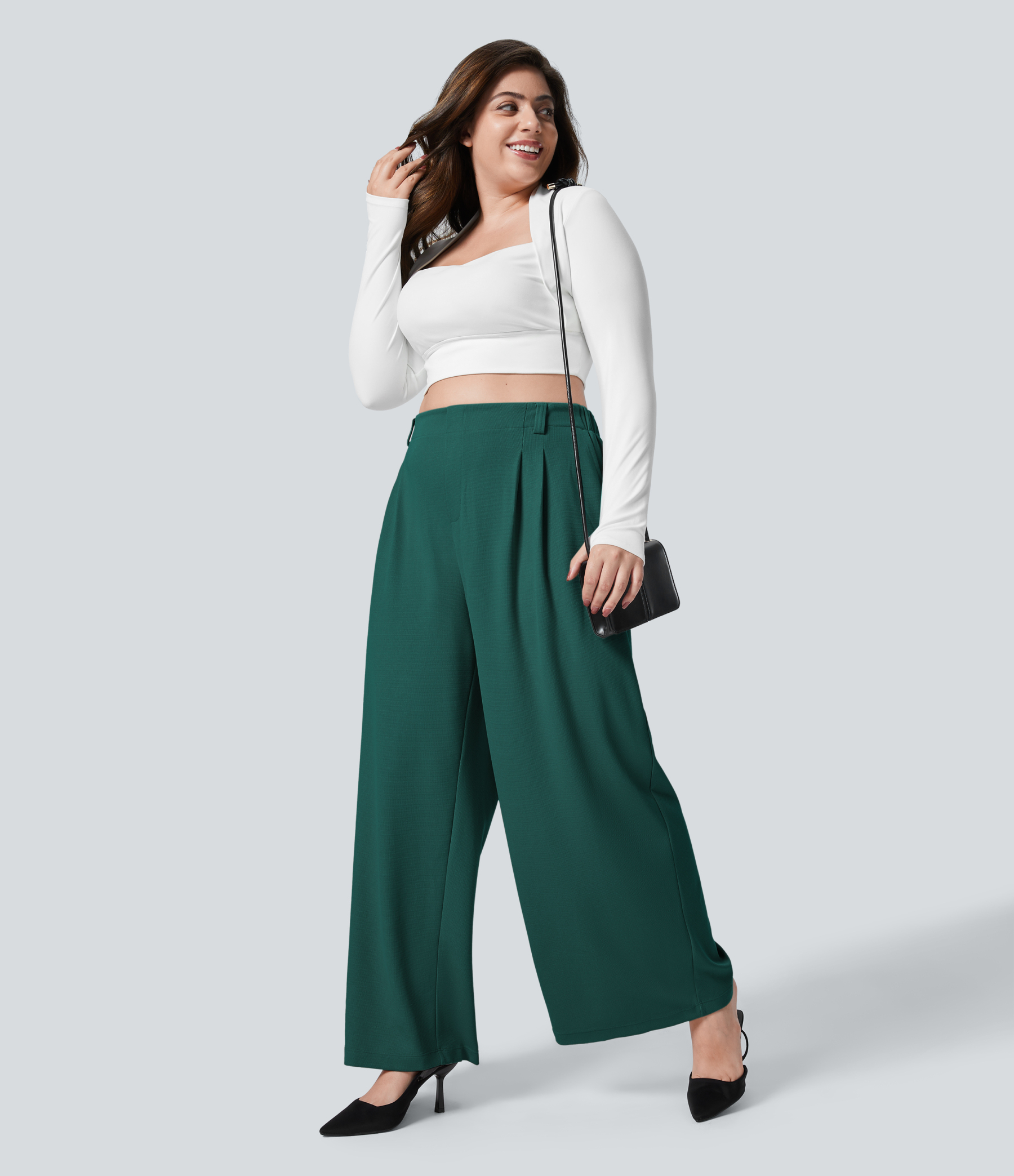 High Waisted Pocket Wide Leg Waffle Work Plus Size Pants
