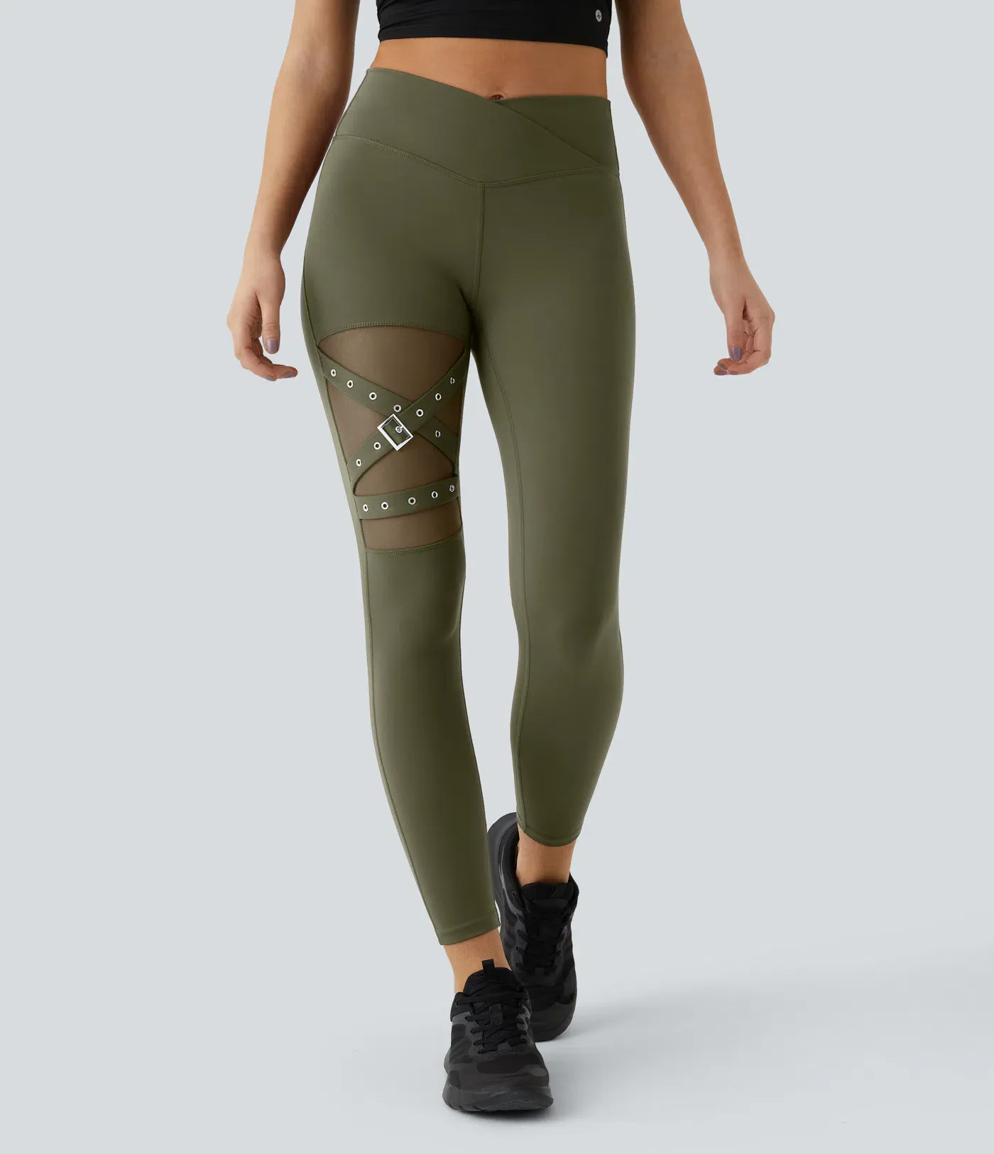 DayStretch High Waisted Crossover Contrast Mesh Decorative Buckle Yoga Leggings