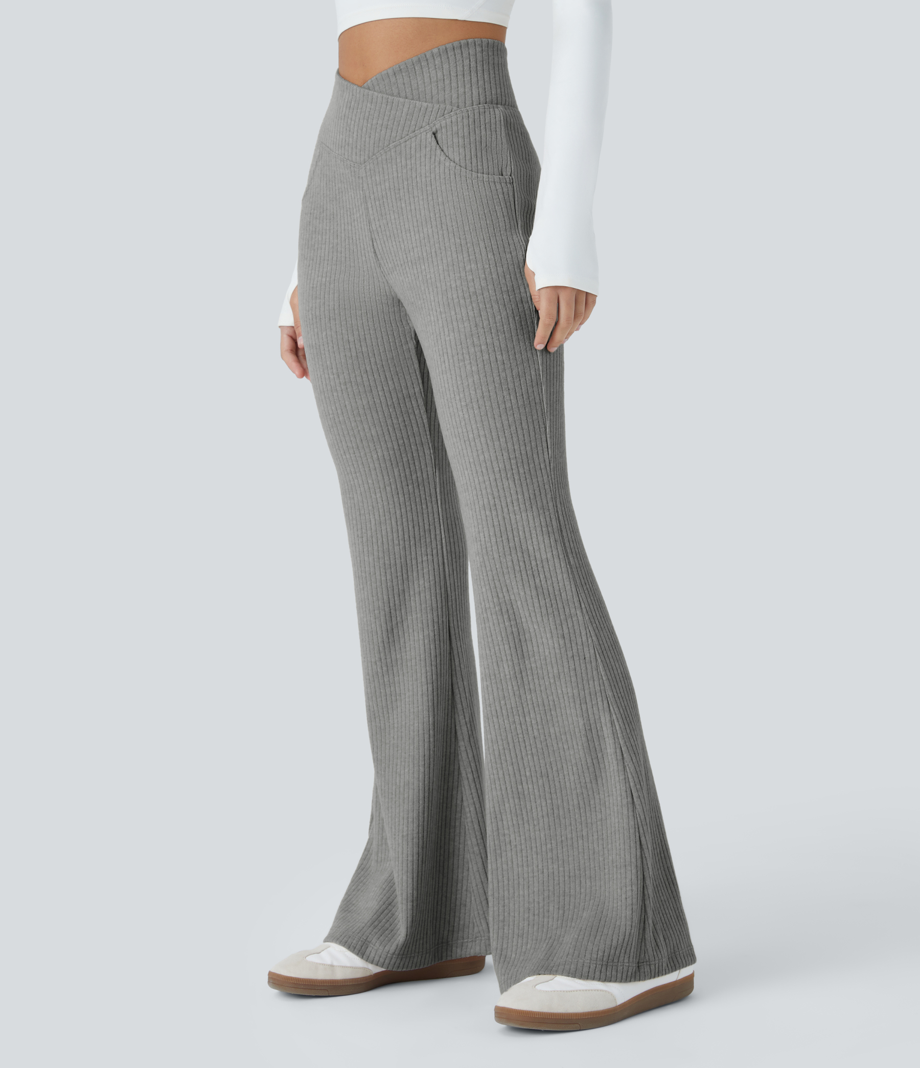 Ribbed Knit Crossover High Waisted Pocket Casual Flare Pants