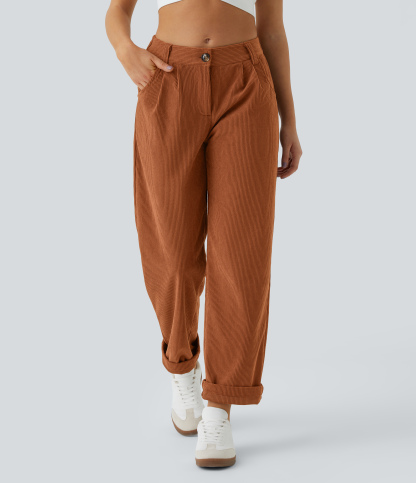 Mid Rise Zipper Pocket Corduroy Casual Pants