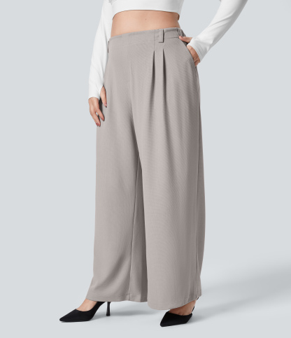 High Waisted Pocket Wide Leg Waffle Work Plus Size Pants