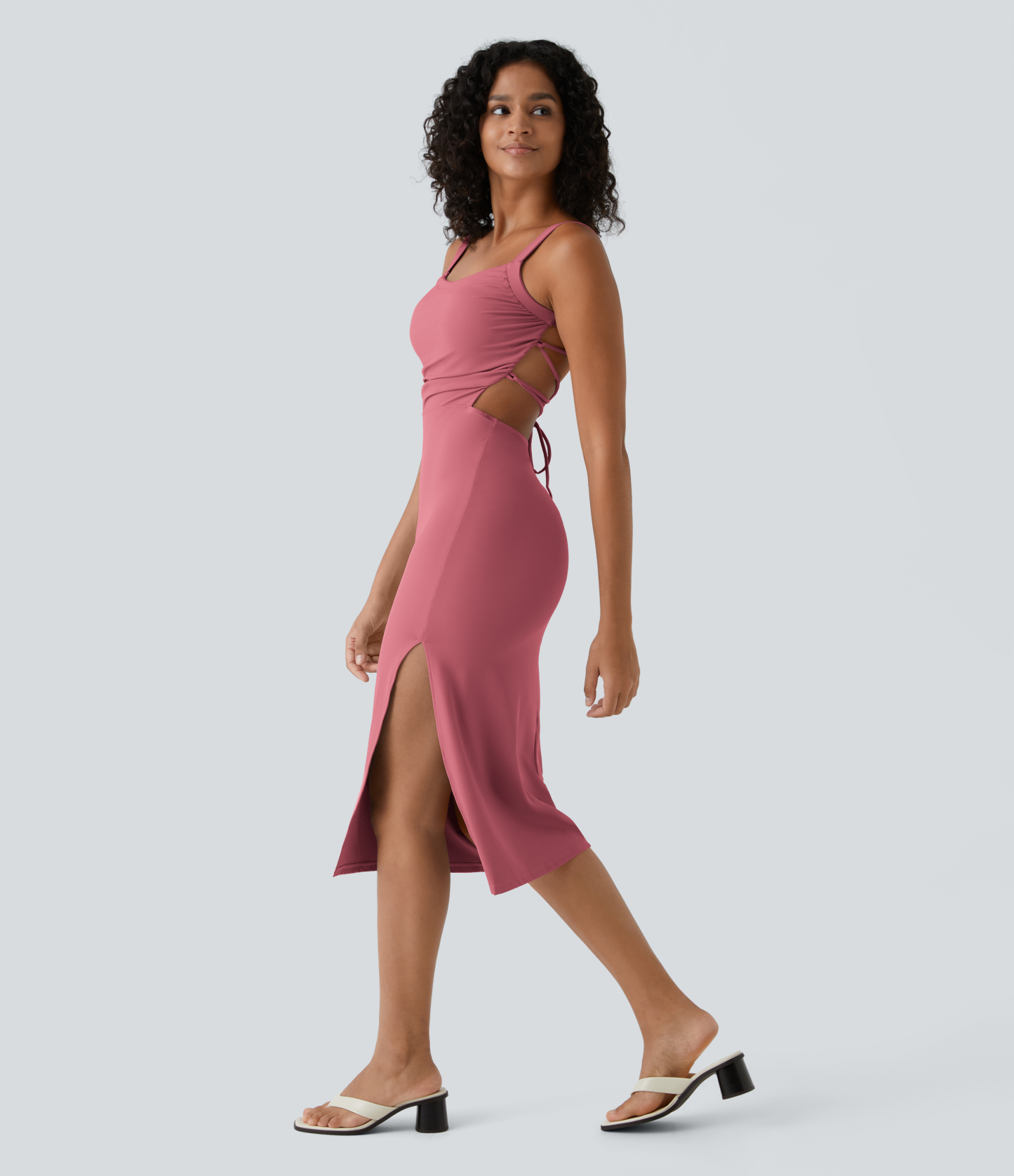 Ruched Lace Up Bodycon Midi Casual Dress