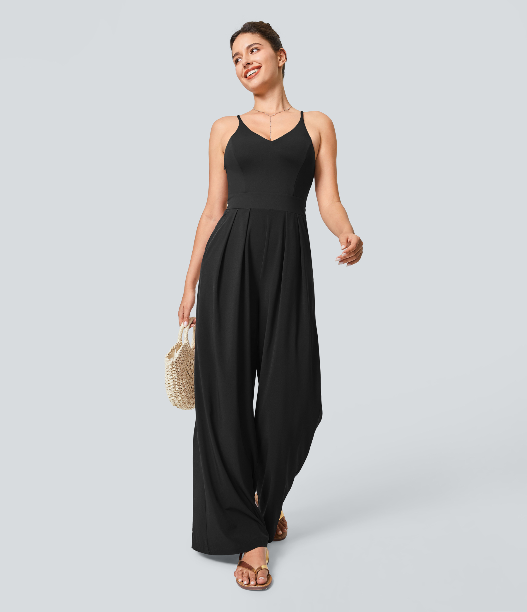 Backless Side Invisible Zipper Pocket Wide Leg Quick Dry Resort Slip Jumpsuit
