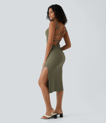 Ruched Lace Up Bodycon Midi Casual Dress