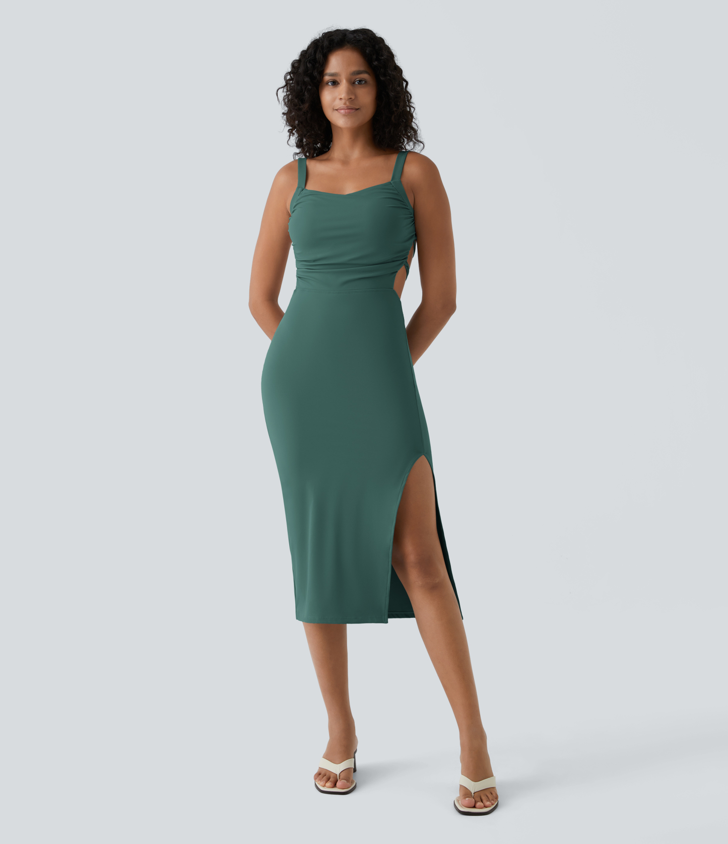 Ruched Lace Up Bodycon Midi Casual Dress