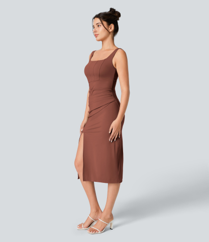 Airy Square Neck Backless Corset Ruched Split Bodycon Midi Cool Touch Bridesmaid and Wedding Guest Dress