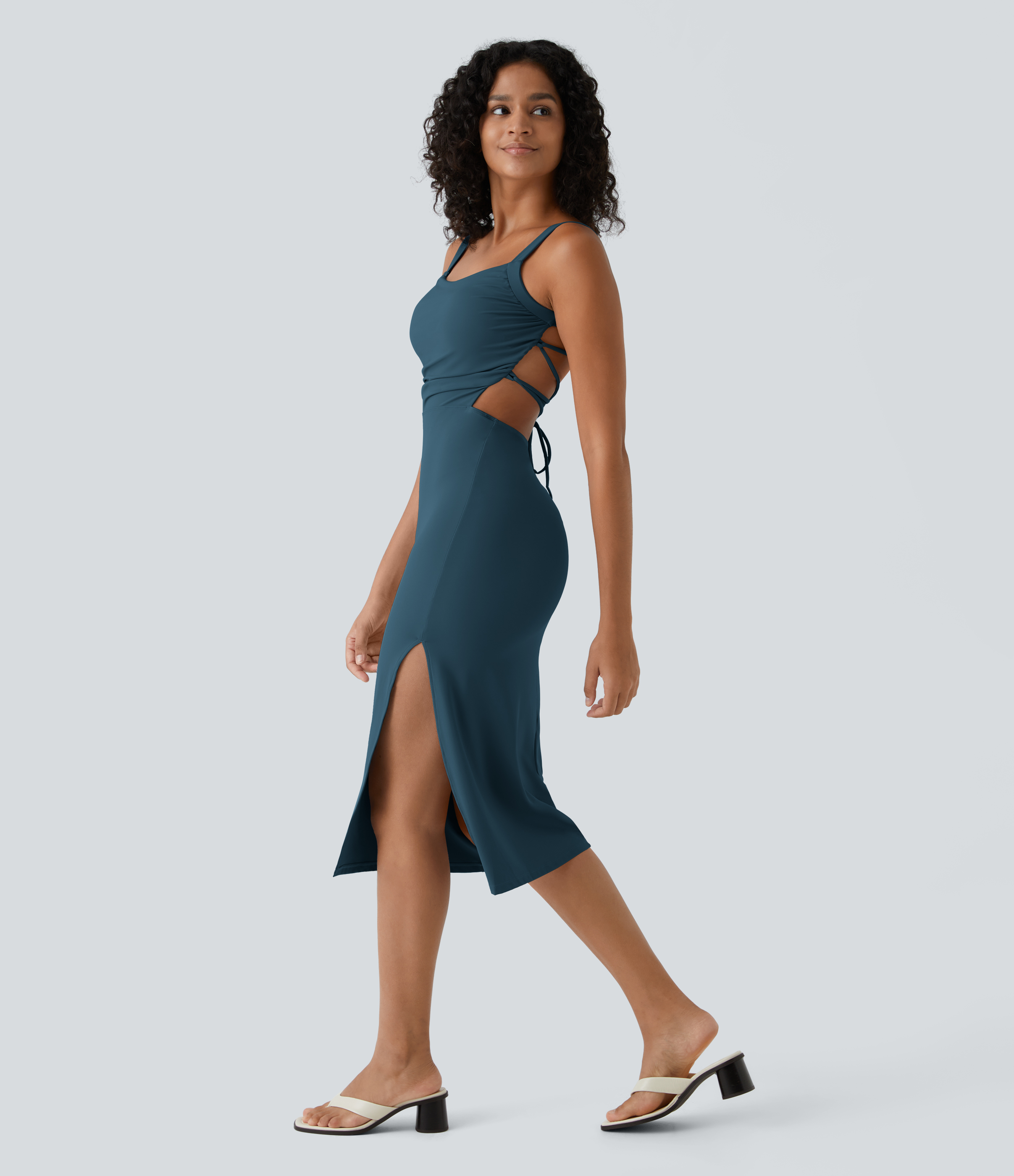 Ruched Lace Up Bodycon Midi Casual Dress