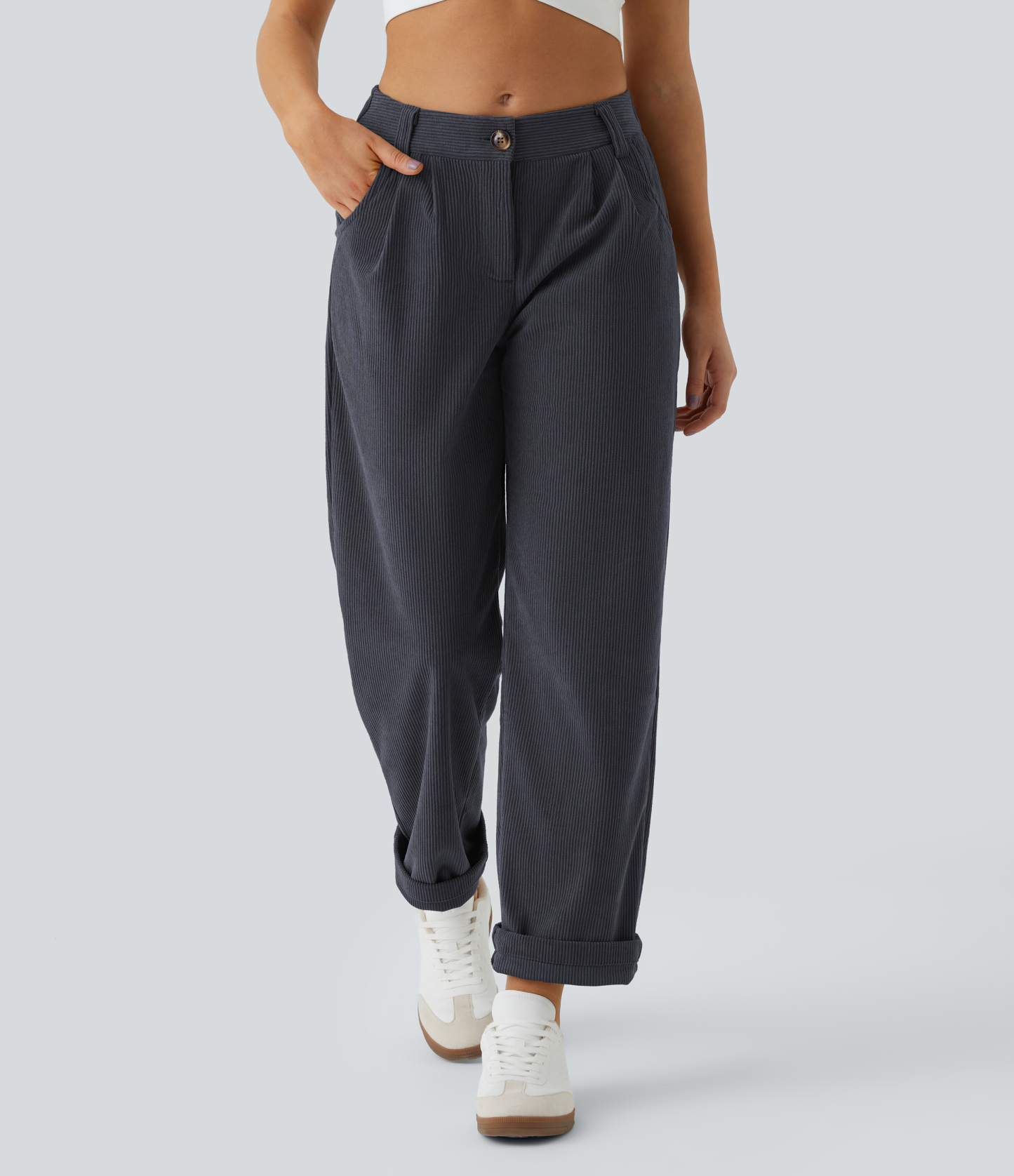 Mid Rise Zipper Pocket Corduroy Casual Pants