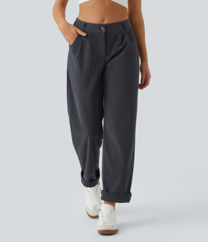 Mid Rise Zipper Pocket Corduroy Casual Pants