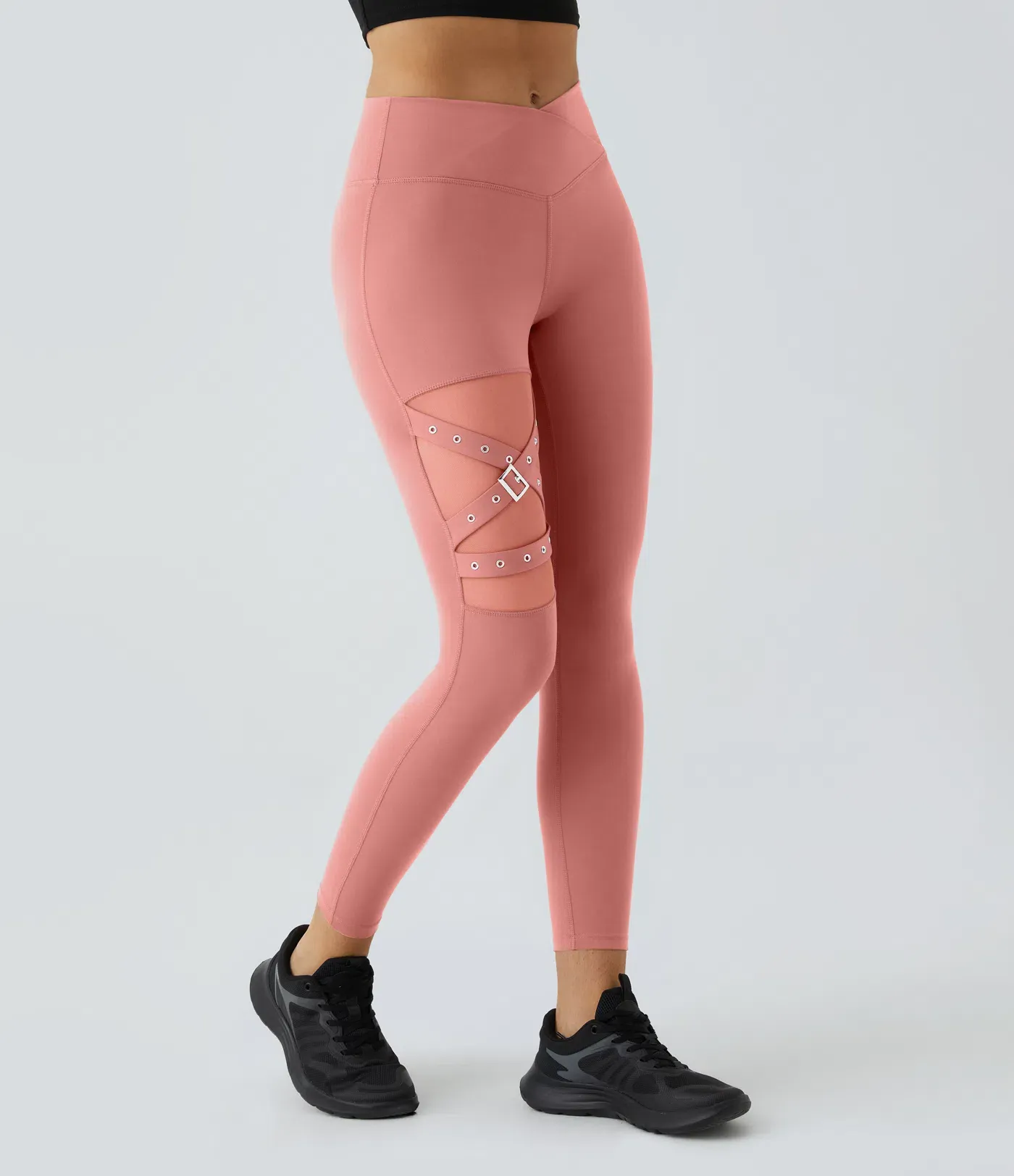 DayStretch High Waisted Crossover Contrast Mesh Decorative Buckle Yoga Leggings
