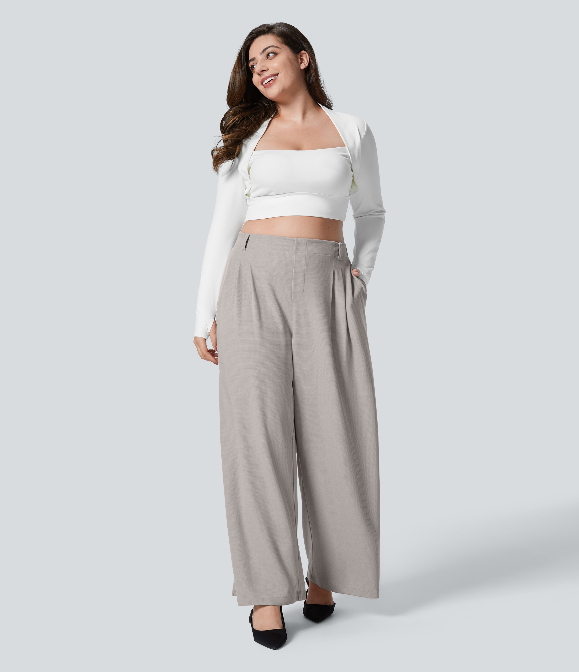 High Waisted Pocket Wide Leg Waffle Work Plus Size Pants