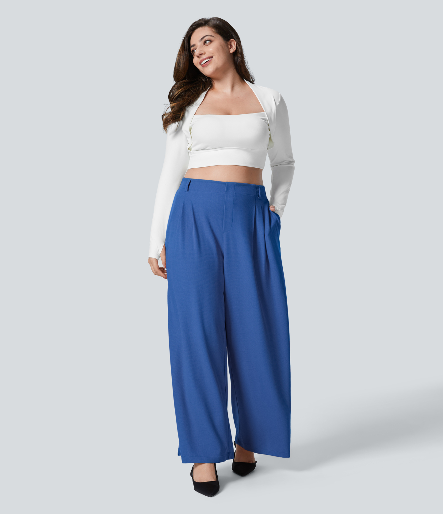 High Waisted Pocket Wide Leg Waffle Work Plus Size Pants