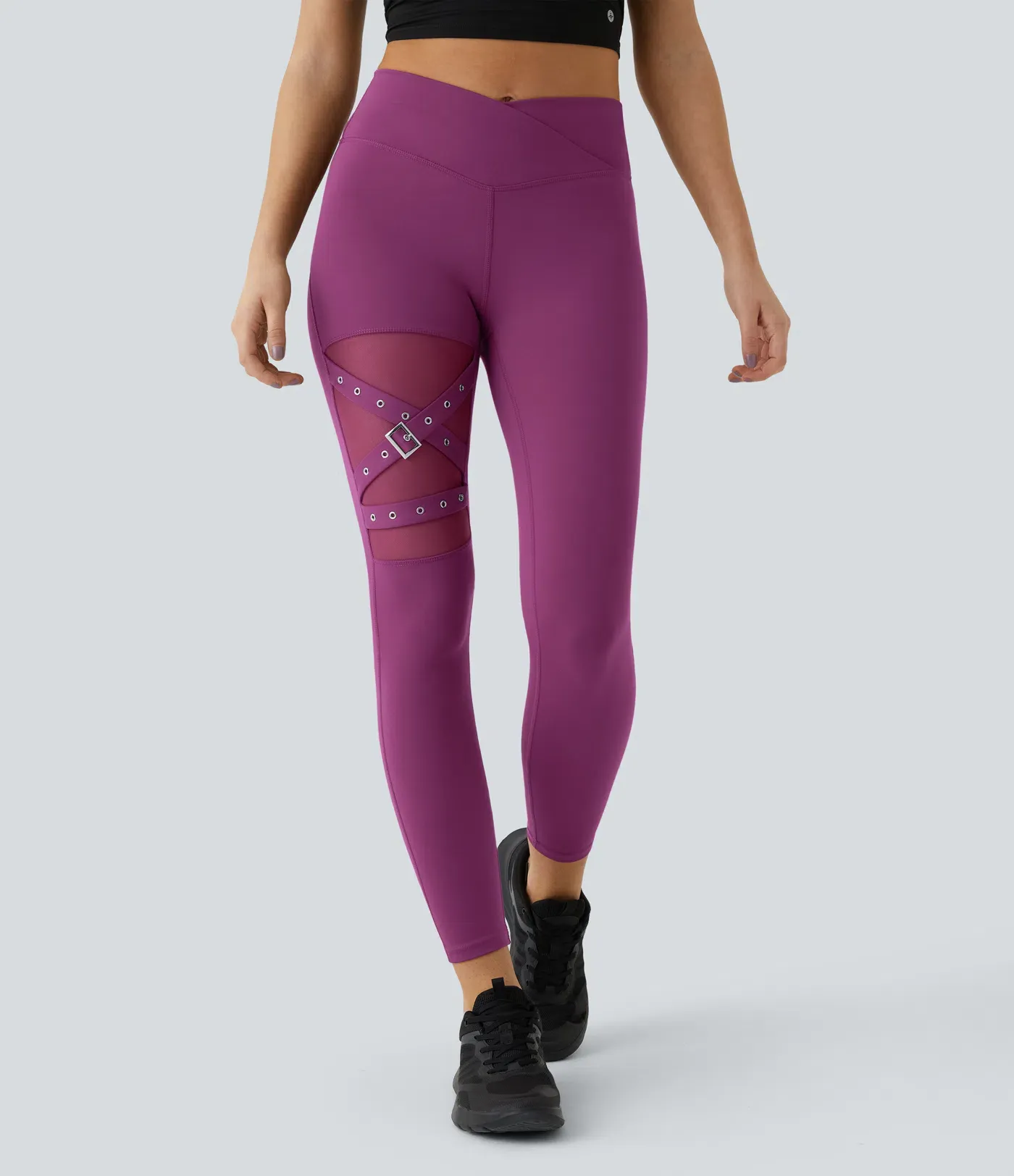 DayStretch High Waisted Crossover Contrast Mesh Decorative Buckle Yoga Leggings